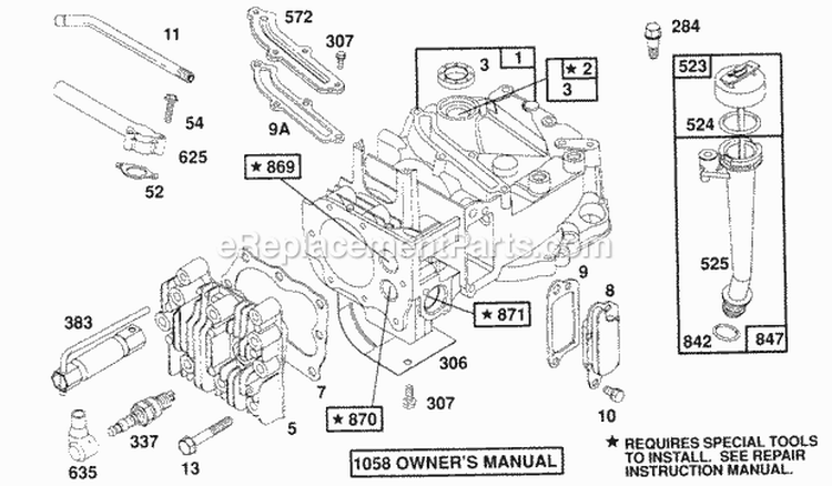 CylinderCyl HeadOil Fill Diagram and Parts List for 123882-3420-01  Briggs and Stratton Engine